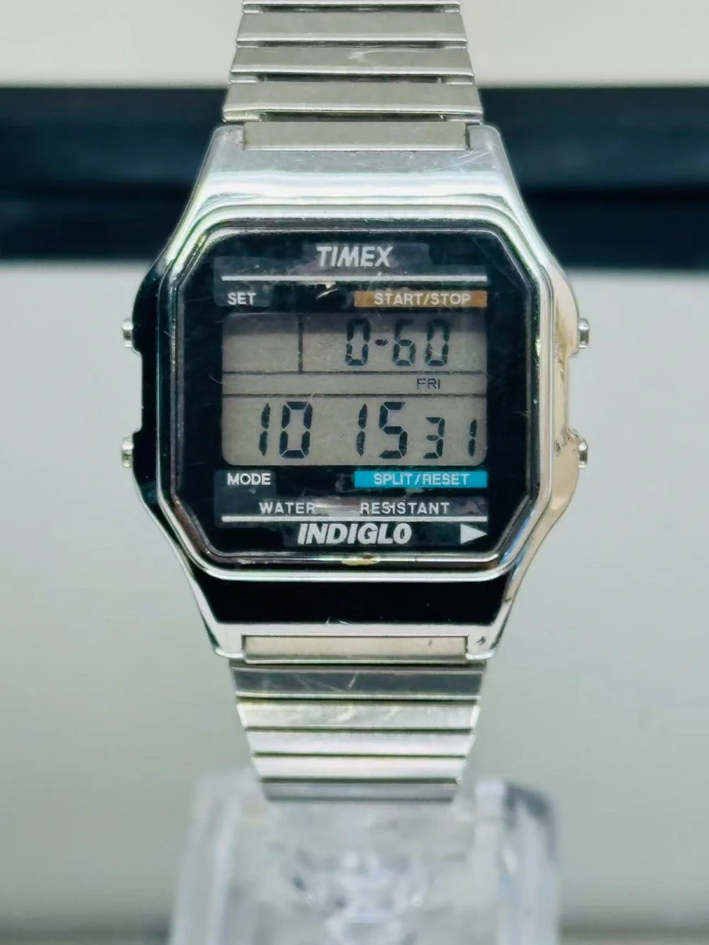 Timex Silver Digital Indiglo Watch with Black Dial Accents
